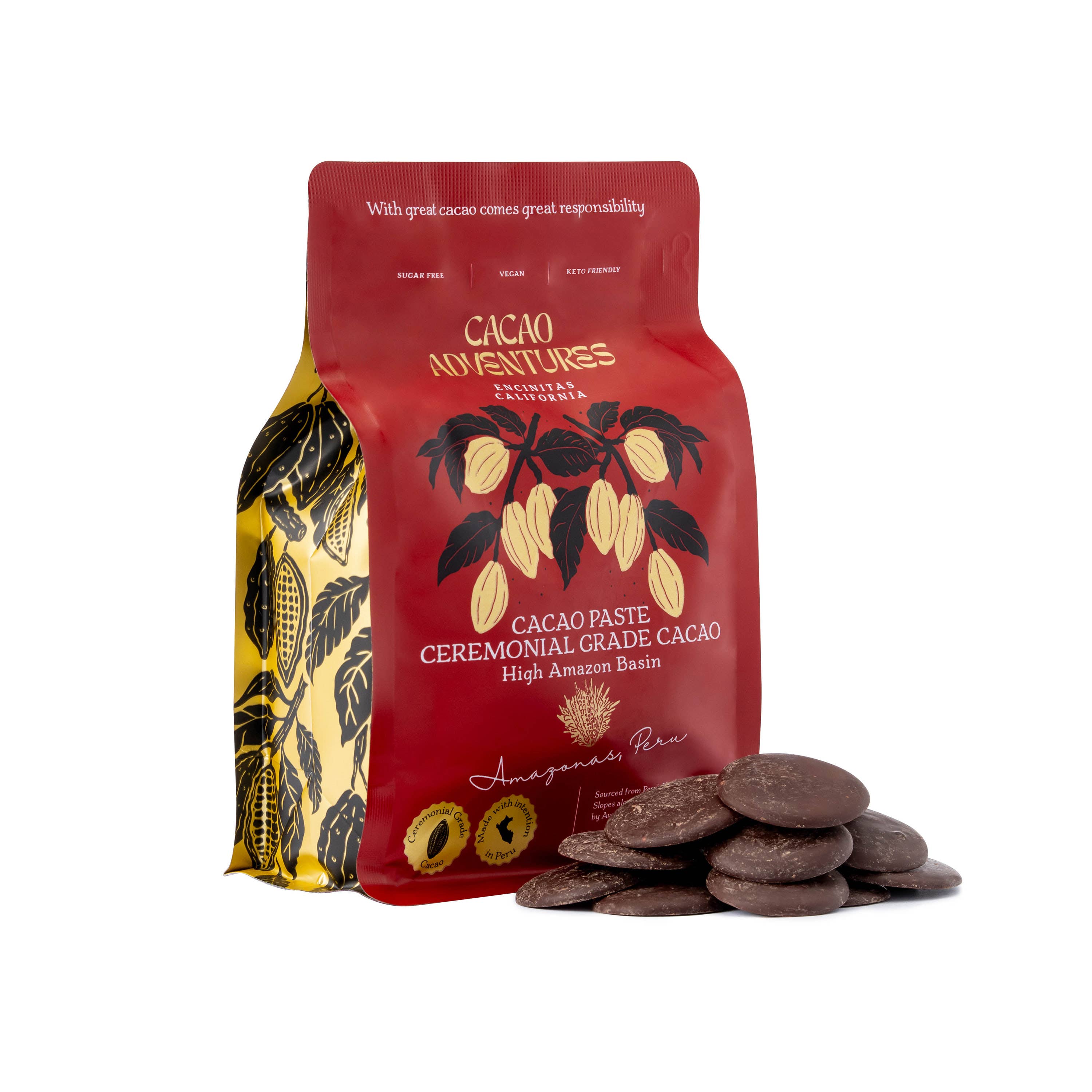 Cacao Adventures Ceremonial Grade Cacao Paste red pouch with cacao paste discs on white background, High Amazon Peru