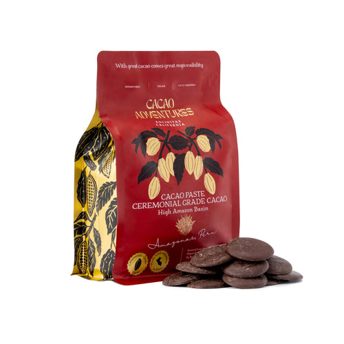 Cacao Adventures Ceremonial Grade Cacao Paste red pouch with cacao paste discs on white background, High Amazon Peru