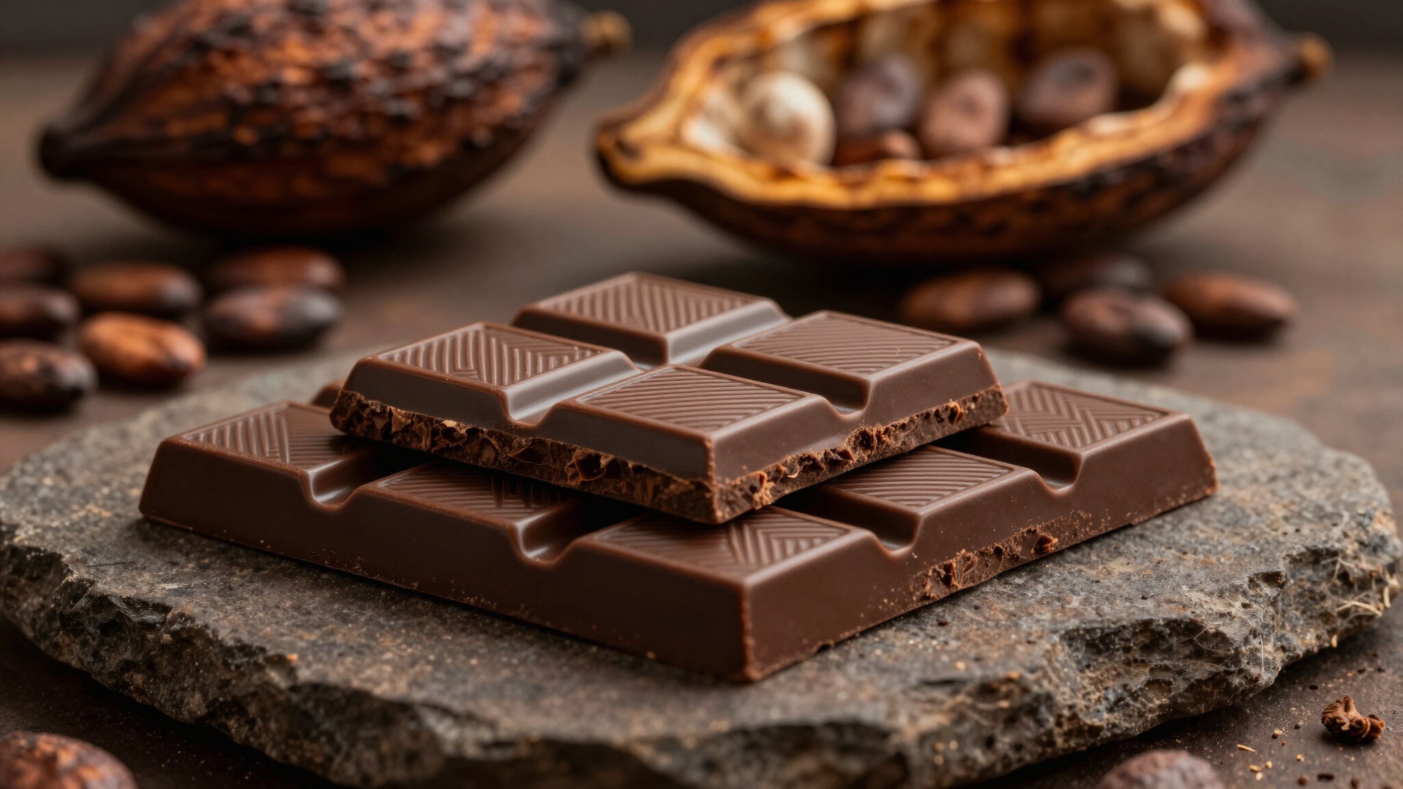 Chocolate bar on a stone surface with cocoa beans and cacao pods in the background