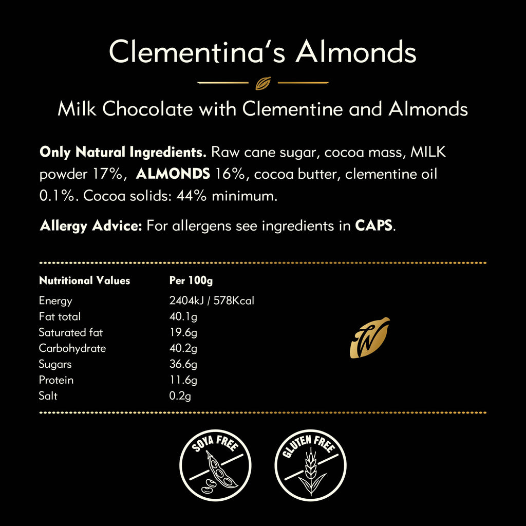 Nutritional label for Clementina's Almonds milk chocolate with clementine and almonds on a black background.