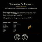 Nutritional label for Clementina's Almonds milk chocolate with clementine and almonds on a black background.