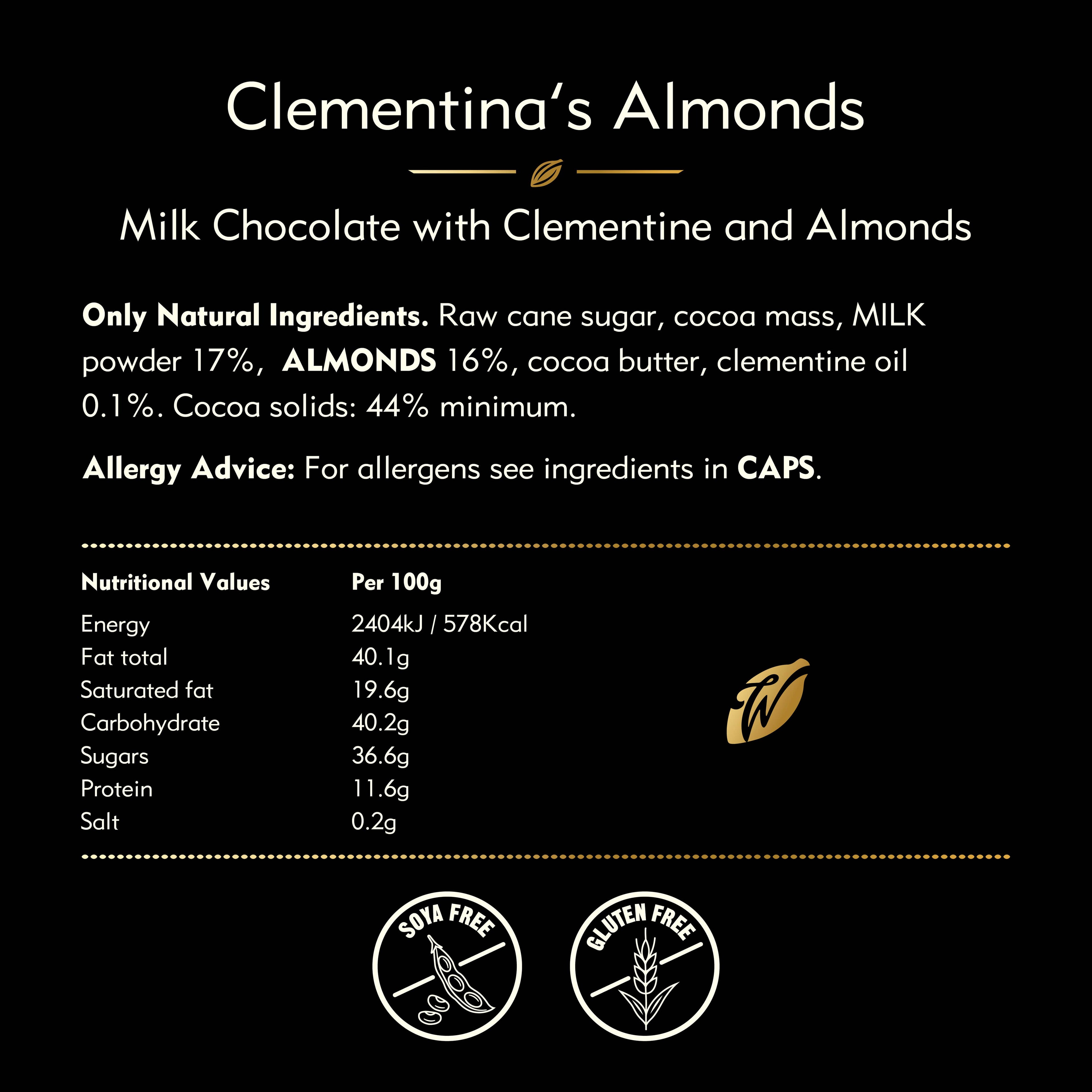 Nutritional label for Clementina's Almonds milk chocolate with clementine and almonds on a black background.