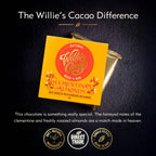 Willie's Cacao Clementine and Almonds 44% Milk Chocolate packaging and wrapped bar on dark background, soft honeyed clementine and almonds