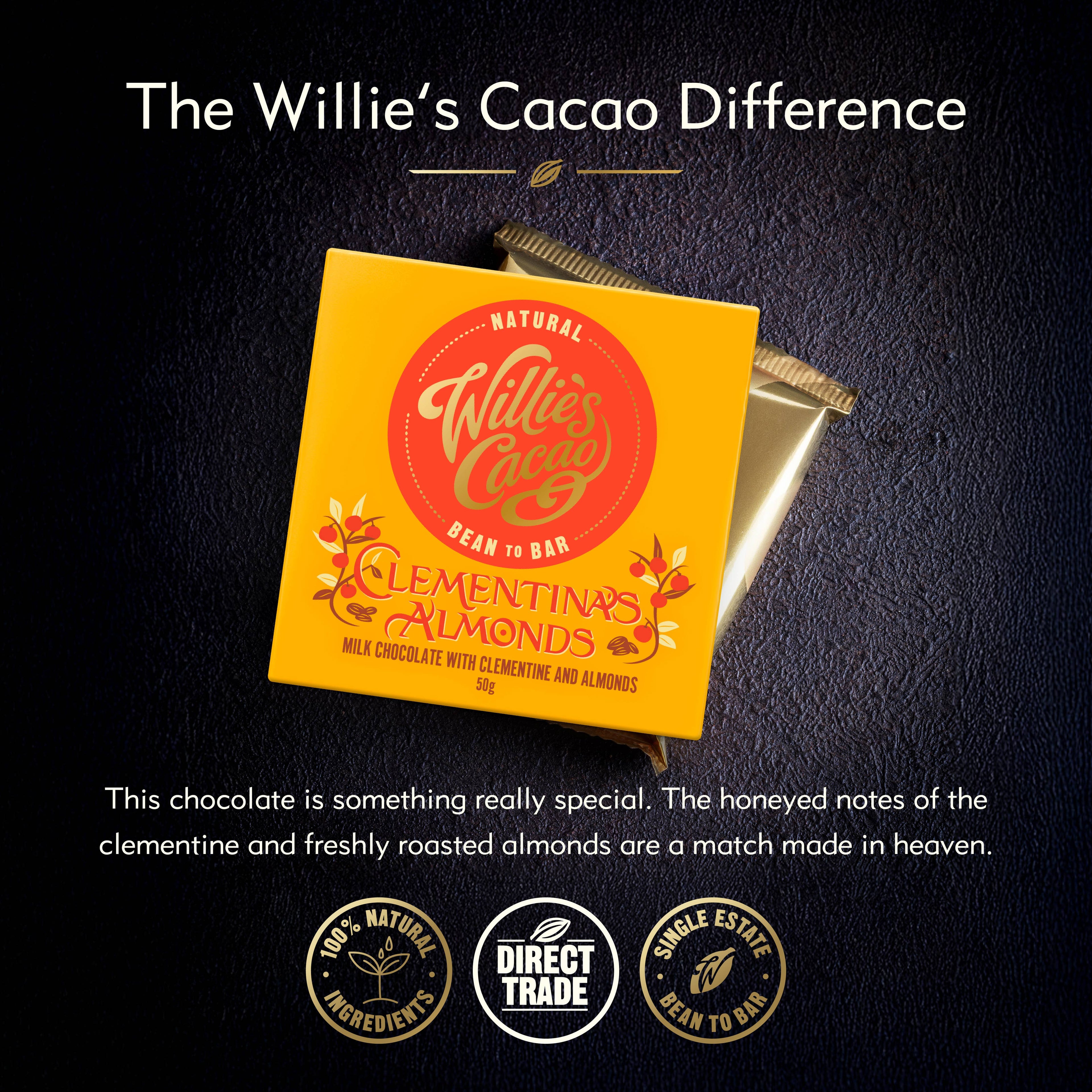 Willie's Cacao Clementine and Almonds 44% Milk Chocolate packaging and wrapped bar on dark background, soft honeyed clementine and almonds
