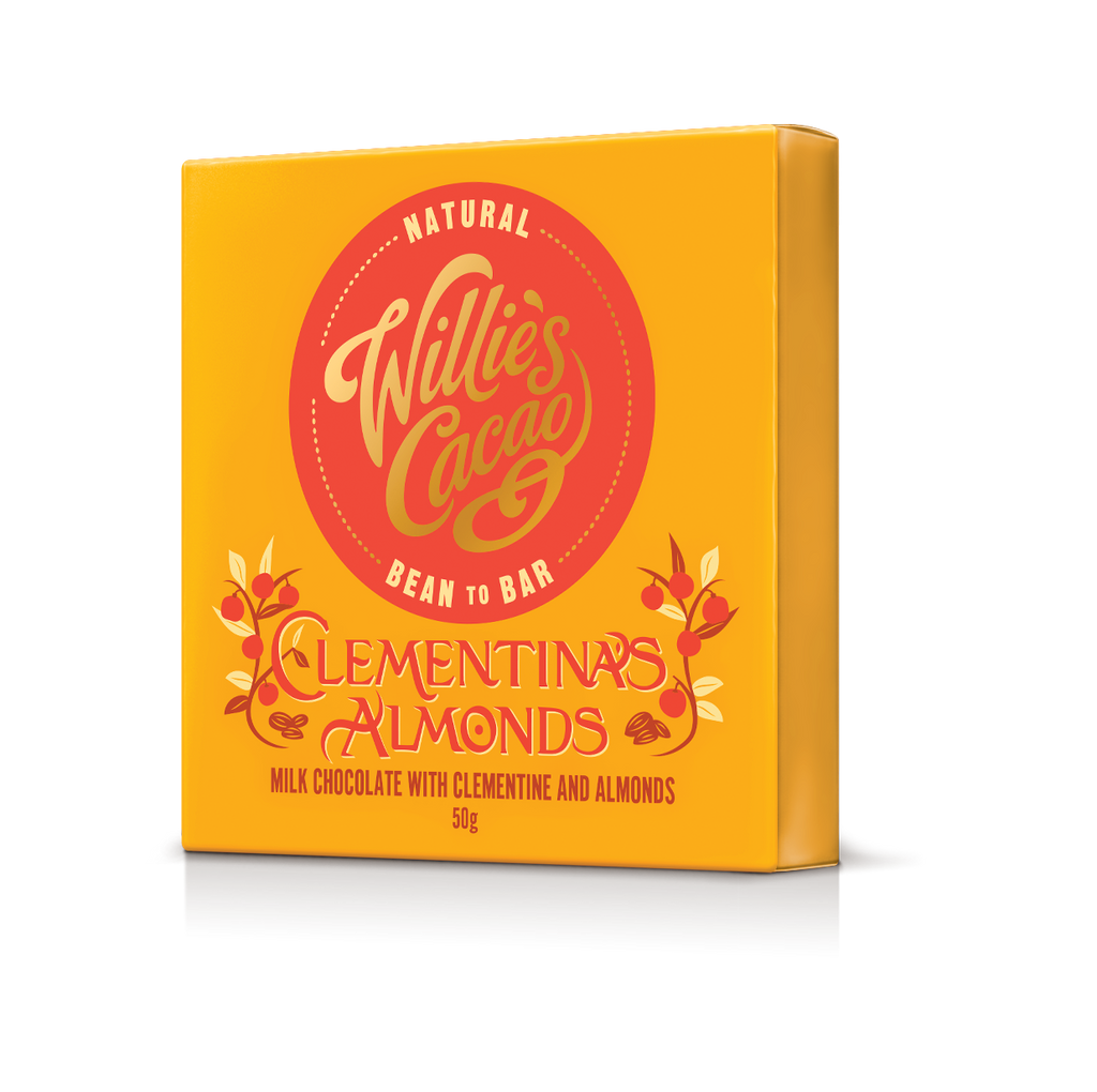 Willie's Cacao Clementina's Almonds chocolate bar packaging on a white background