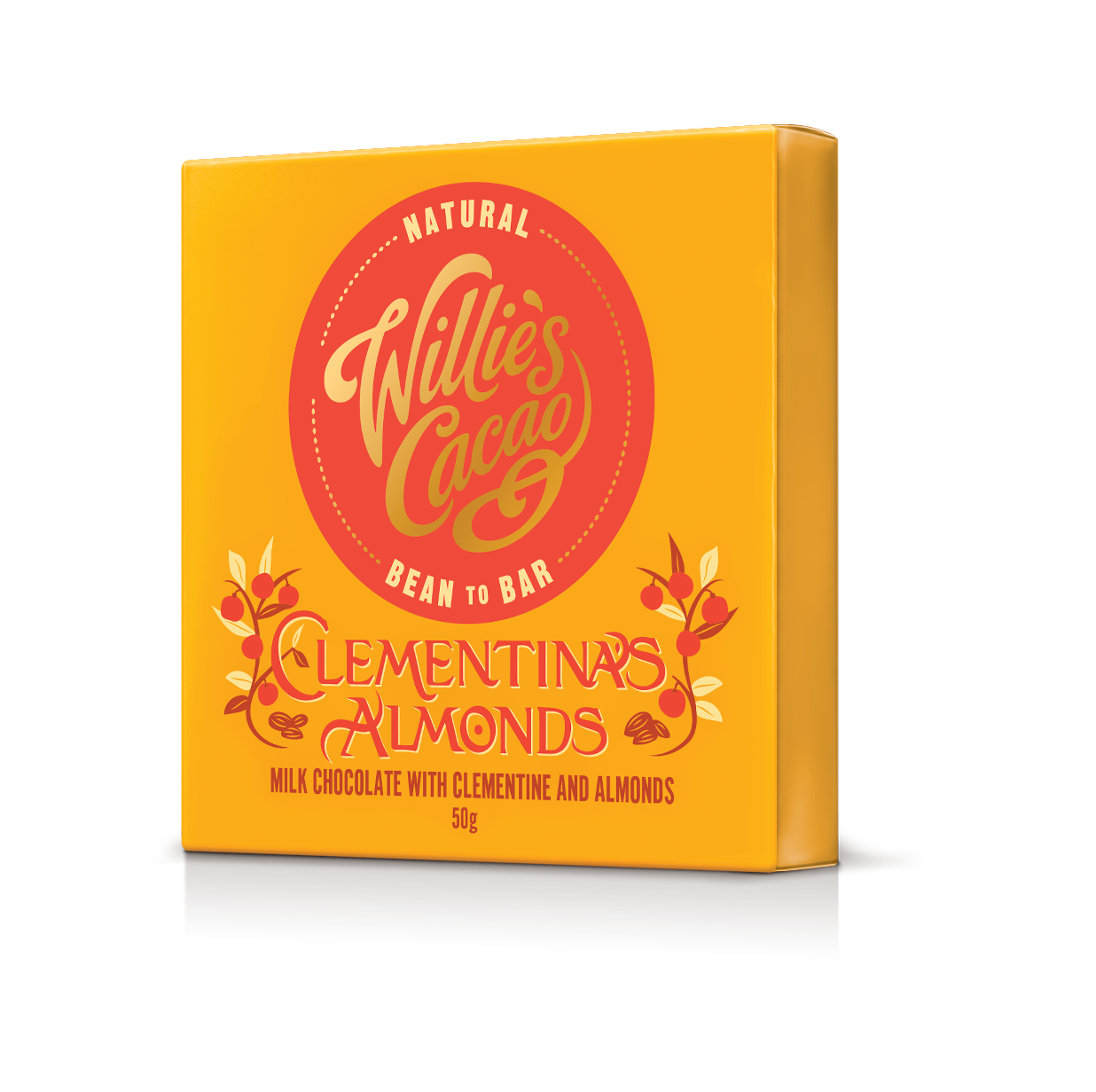 Willie's Cacao Clementina's Almonds chocolate bar packaging on a white background