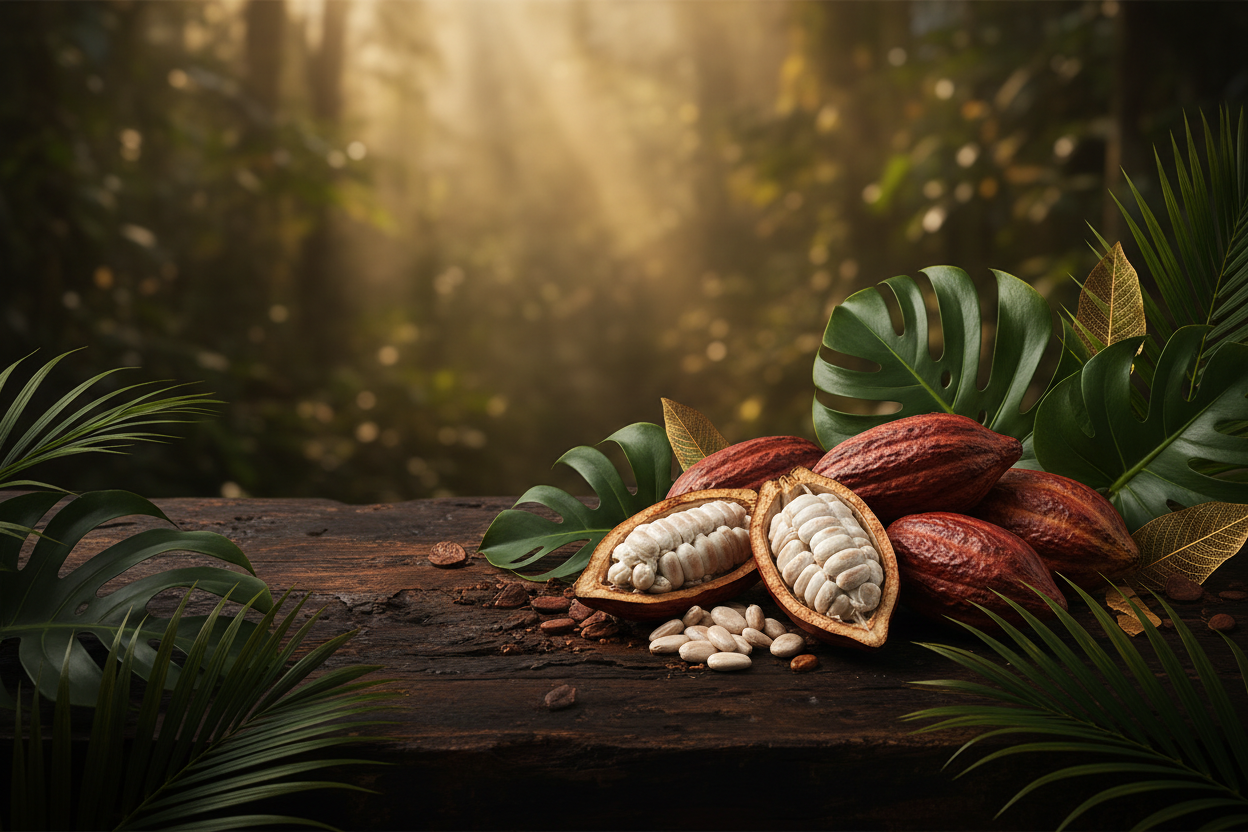 A picture of the forest with tropical trees and some cacao pods open to see the fruit