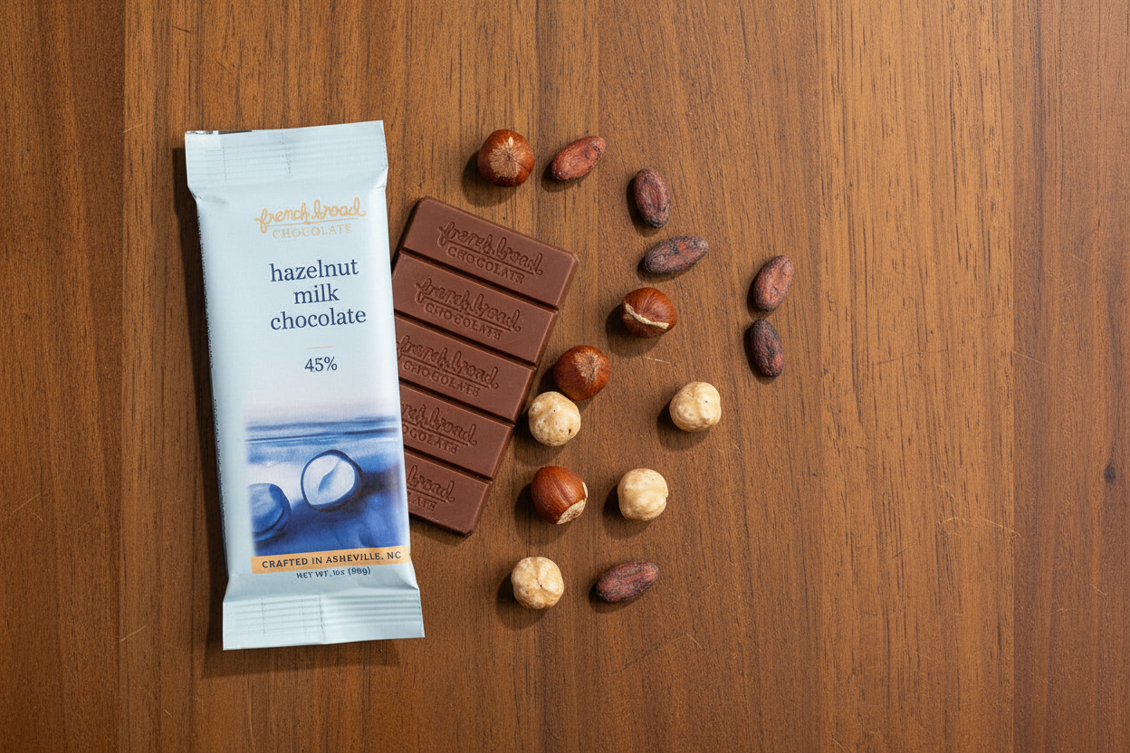 French Broad Chocolate 45% Hazelnut Milk Chocolate bar and light blue packaging with roasted hazelnuts and cacao beans on wooden surface