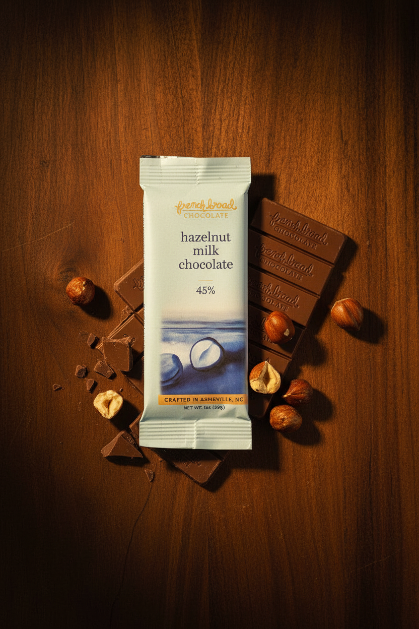 French Broad Chocolate 45% Hazelnut Milk Chocolate light blue packaging standing upright with hazelnuts on wooden surface