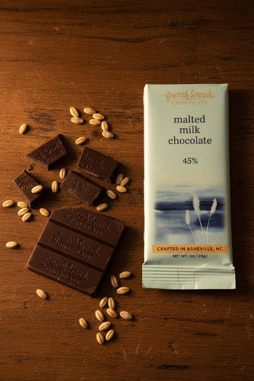 French Broad Chocolate 45% Malted Milk Chocolate light blue packaging standing upright lifestyle shot