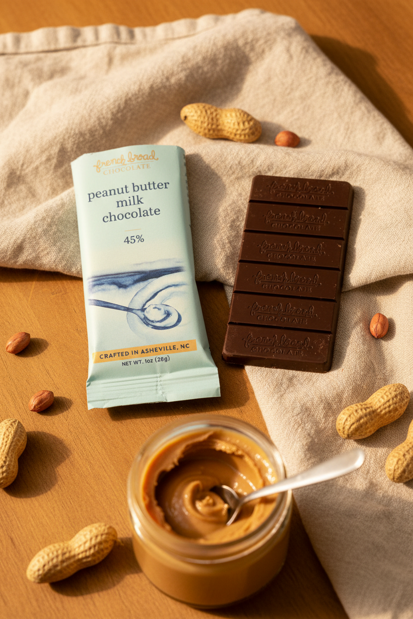 French Broad Chocolate 45% Peanut Butter Milk Chocolate bar and light blue packaging with peanut butter jar and roasted peanuts on warm wooden surface, crafted in Asheville NC