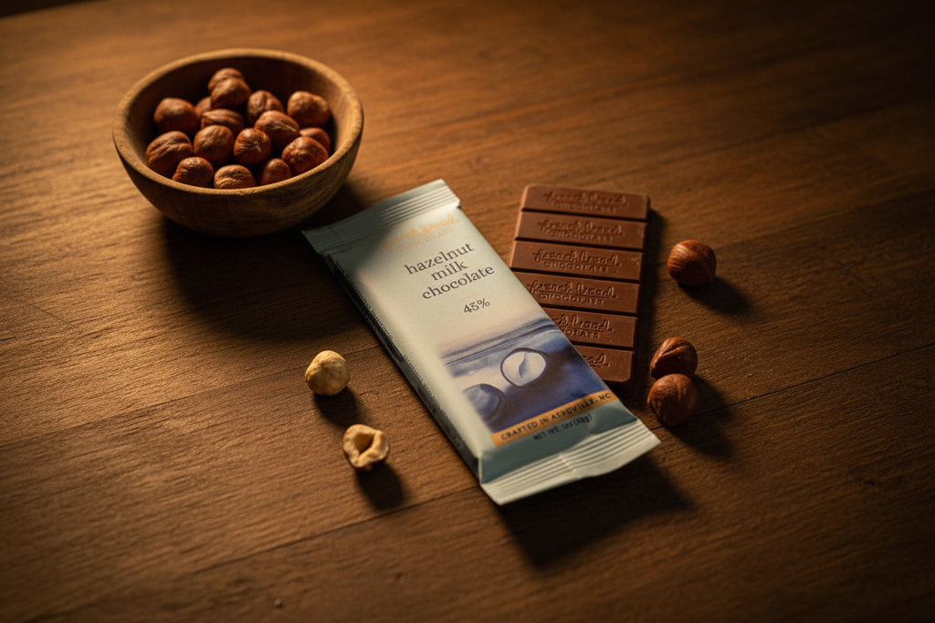 French Broad Chocolate 45% Hazelnut Milk Chocolate bar and packaging moody editorial shot with hazelnuts