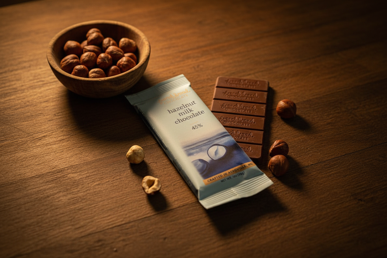 French Broad Chocolate 45% Hazelnut Milk Chocolate bar and packaging moody editorial shot with hazelnuts