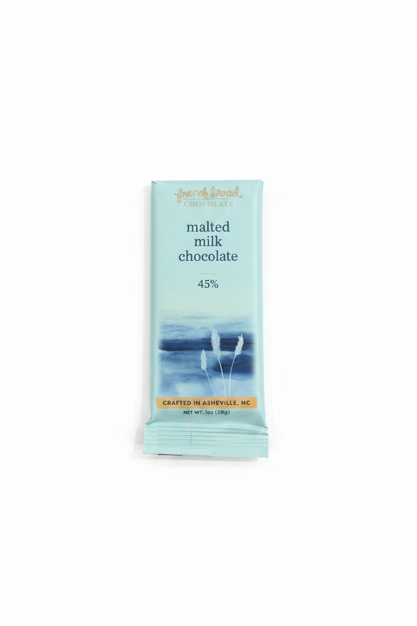 French Broad Chocolate 45% Malted Milk Chocolate light blue packaging front on white background