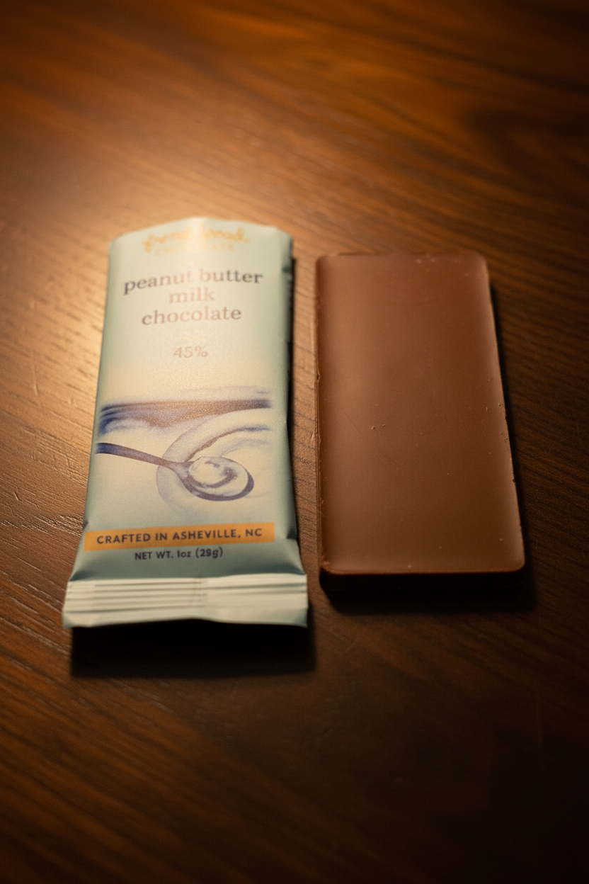 French Broad Chocolate 45% Peanut Butter Milk Chocolate back of bar showing embossed French Broad Chocolate branding next to packaging on dark wooden surface