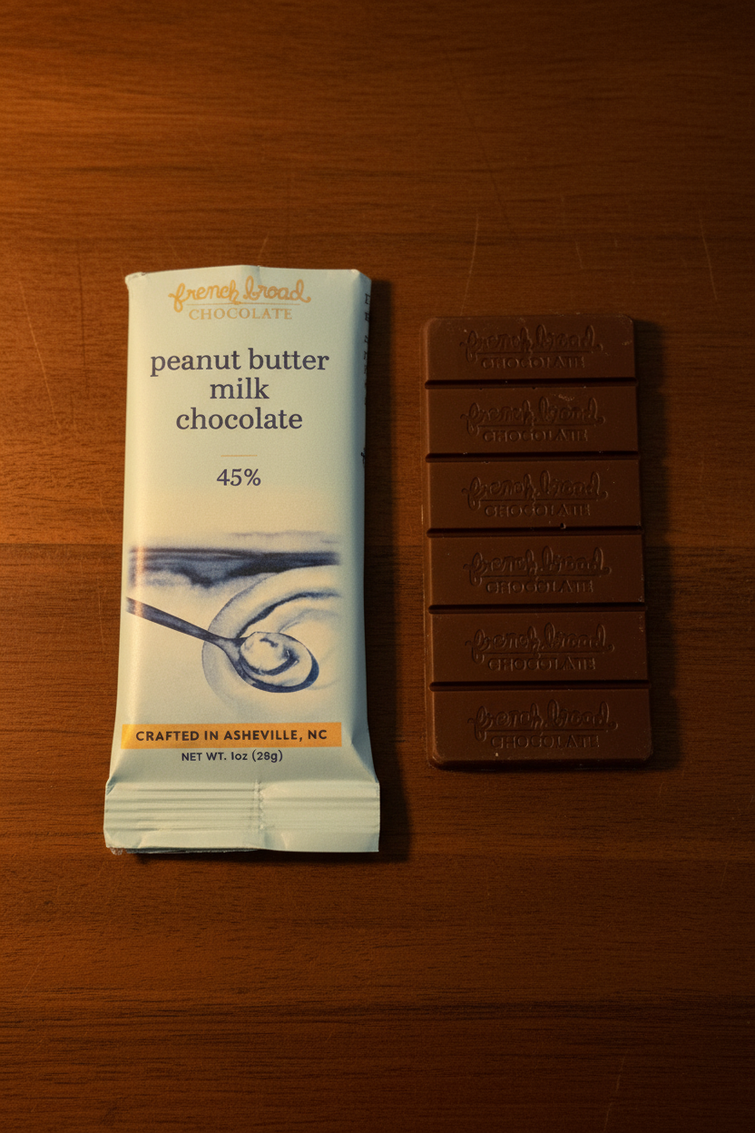 French Broad Chocolate 45% Peanut Butter Milk Chocolate packaging and bar side by side on warm wooden surface showing front label and embossed bar