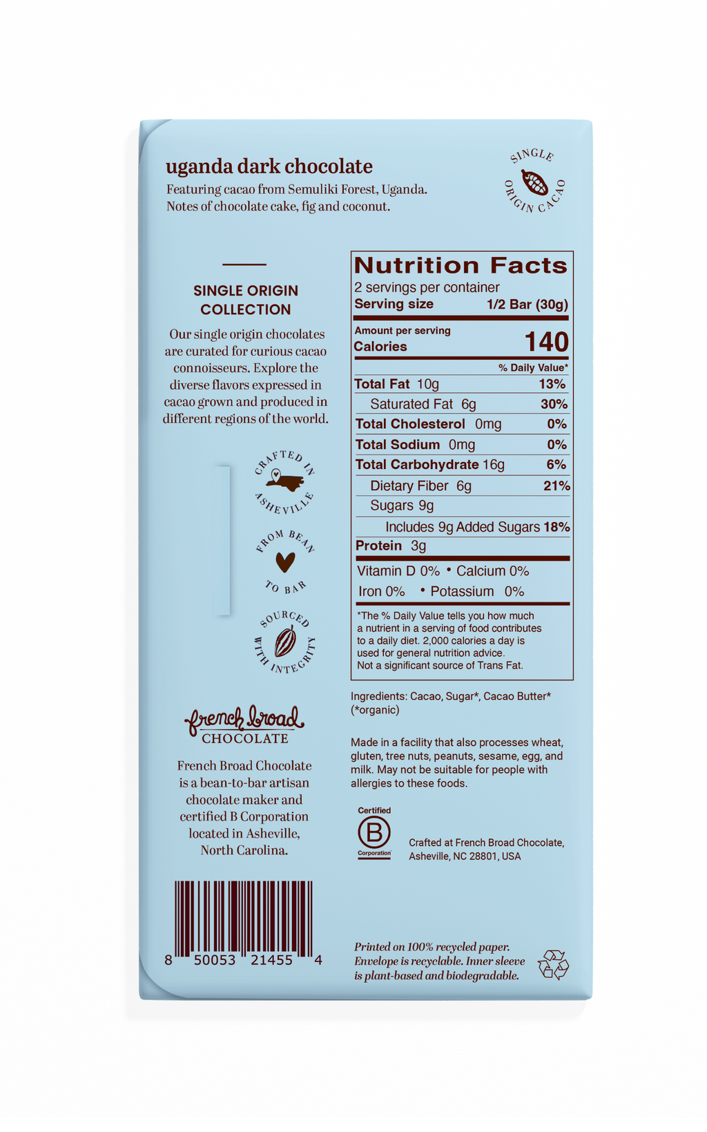 Back of French Broad Chocolate Uganda Dark Chocolate 70% packaging showing nutrition facts, ingredients, and B Corporation certification, single-origin Semuliki Forest Uganda