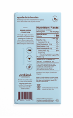 Back of French Broad Chocolate Uganda Dark Chocolate 70% packaging showing nutrition facts, ingredients, and B Corporation certification, single-origin Semuliki Forest Uganda