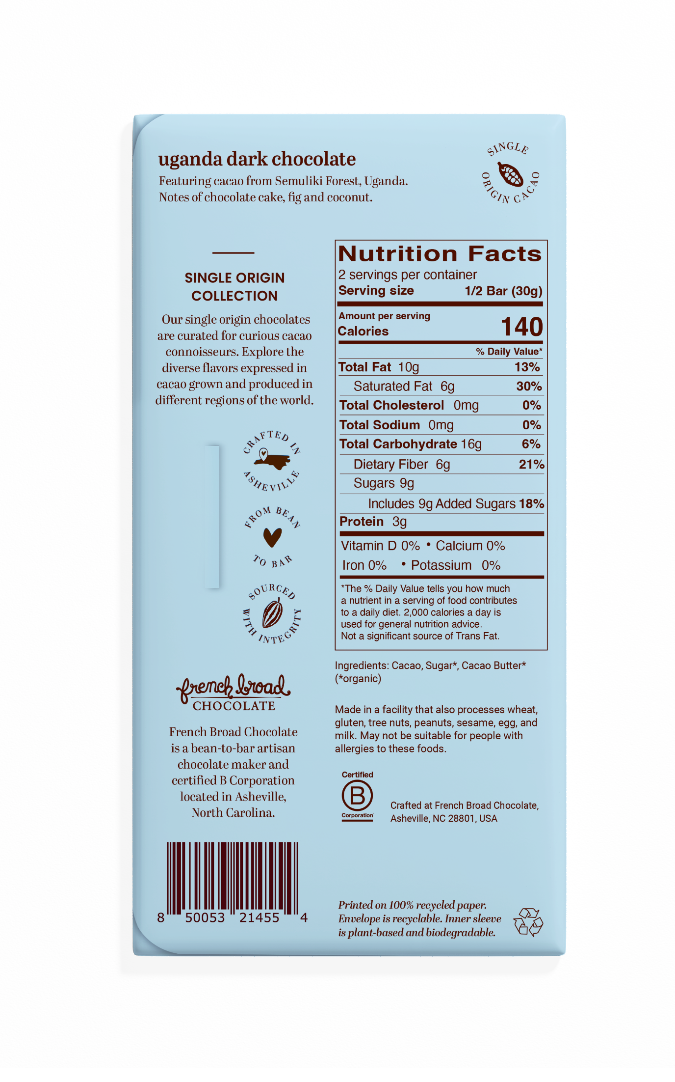 Back of French Broad Chocolate Uganda Dark Chocolate 70% packaging showing nutrition facts, ingredients, and B Corporation certification, single-origin Semuliki Forest Uganda