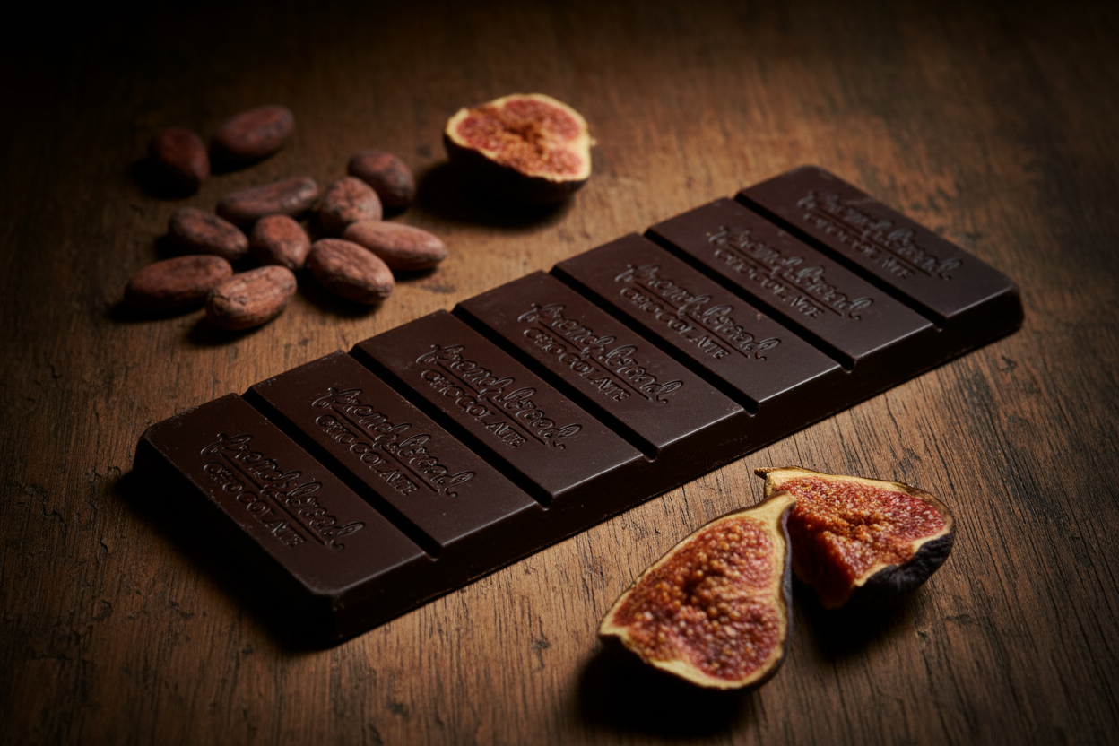 French Broad Chocolate 70% Uganda Dark Chocolate bar on wooden surface with cacao beans and figs around the bar.