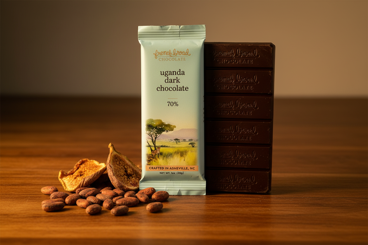 French Broad Chocolate 70% Uganda Dark Chocolate bar and light blue packaging with cacao beans and Uganda flag on warm wooden surface
