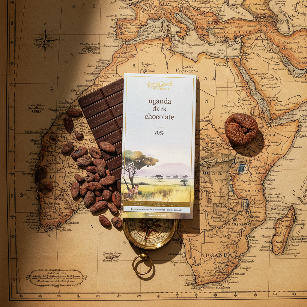 French Broad Chocolate 70% Uganda Dark Chocolate bar in white and gold packaging resting on a vintage illustrated map of Uganda with cacao beans, dried fig, and compass
