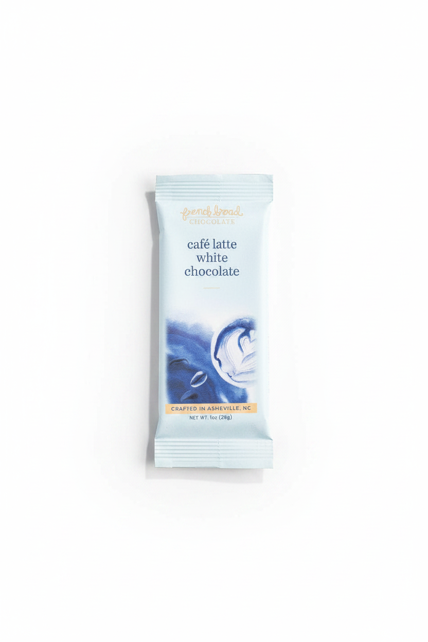 French Broad Chocolate Café Latte White Chocolate light blue packaging front on white background, small batch craft