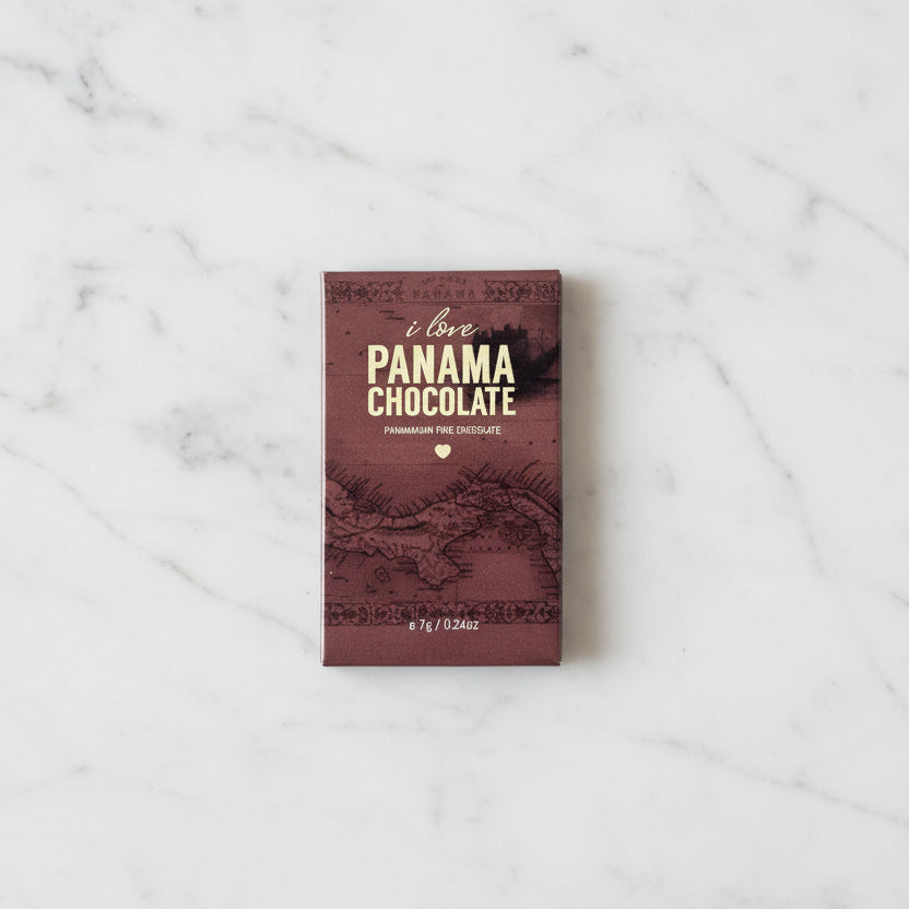 I Love Panama Chocolate 70% Classic Dark Chocolate mini bar on a white marble background.
