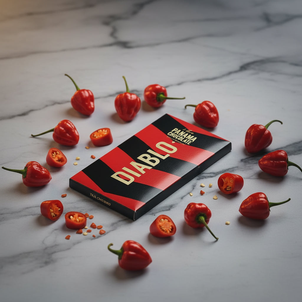 I Love Panama Chocolate Diablo dark chocolate bar surrounded by red chili peppers on white marble.
