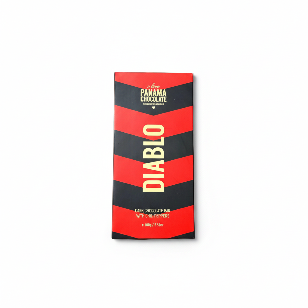 I Love Panama Chocolate Diablo 70% dark chocolate bar with chili peppers, front view, on a white background