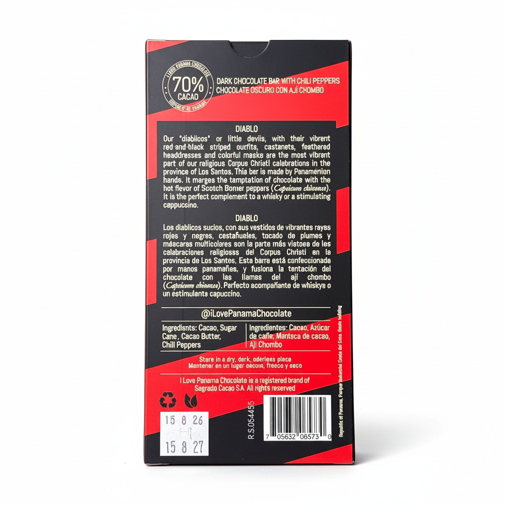 I Love Panama Chocolate Diablo 70% dark chocolate bar with chili peppers, back view showing ingredients and product details, on a white background