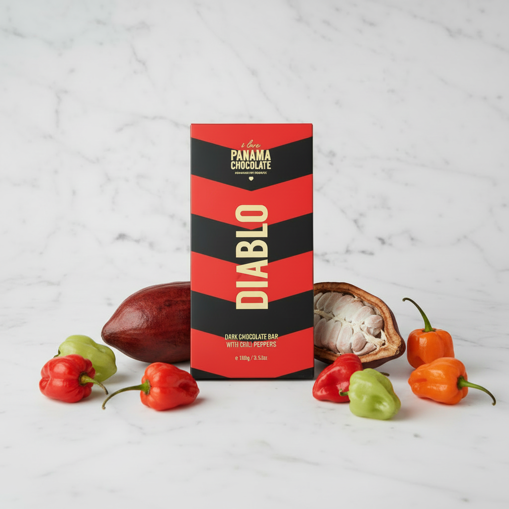 I Love Panama Chocolate Diablo 70% dark chocolate bar with cacao pods and Ají Chombo Panamanian chili peppers on a white marble surface