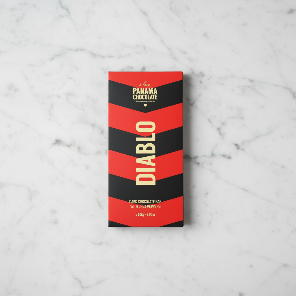 I Love Panama Chocolate Diablo 70% dark chocolate bar with chili peppers, front view, on a white marble background