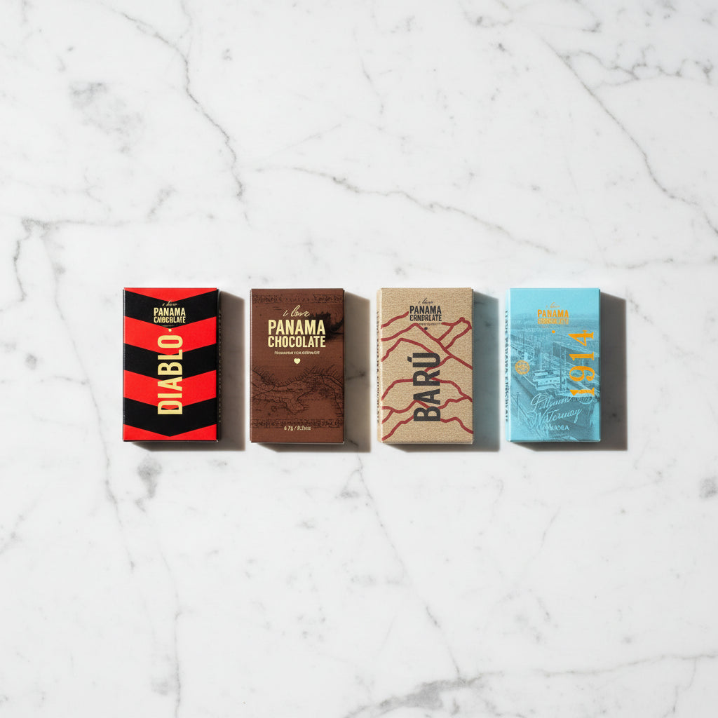 Four I Love Panama Chocolate mini bars displayed on a white marble surface, including Diablo, Classic, Baru, and 1914 varieties.