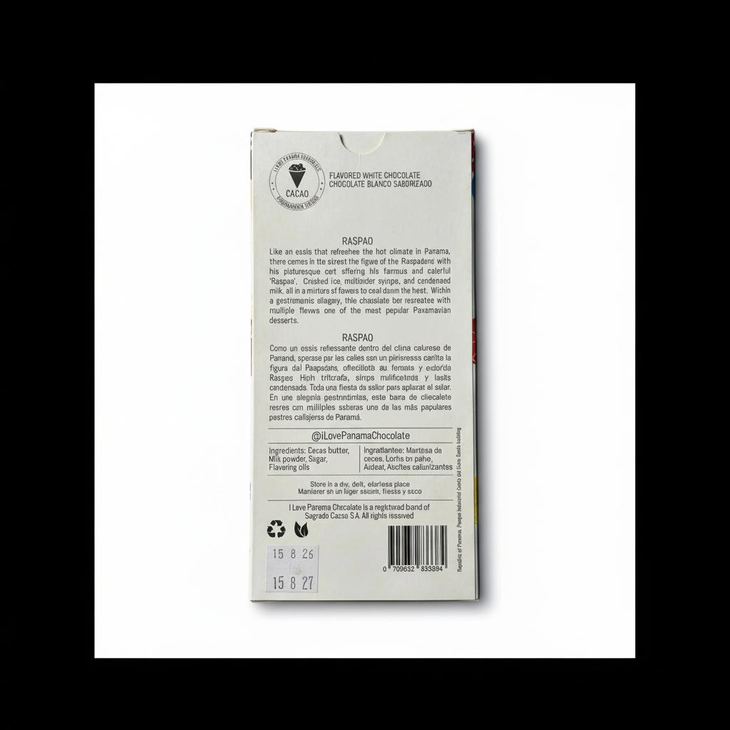 Back of I Love Panama Chocolate Raspao Pineapple White Chocolate bar showing ingredients, product description in English and Spanish, and barcode on a white background