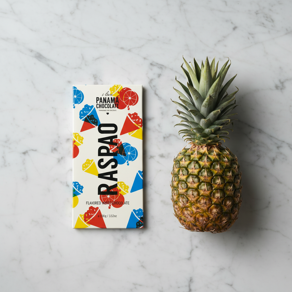 A bar of Panama Chocolate Raspao flavored chocolate is displayed next to a whole pineapple on a white marble background. The packaging features a colorful pattern of ice cream cones, slices, and dots in red, blue, yellow, and black on a white base.