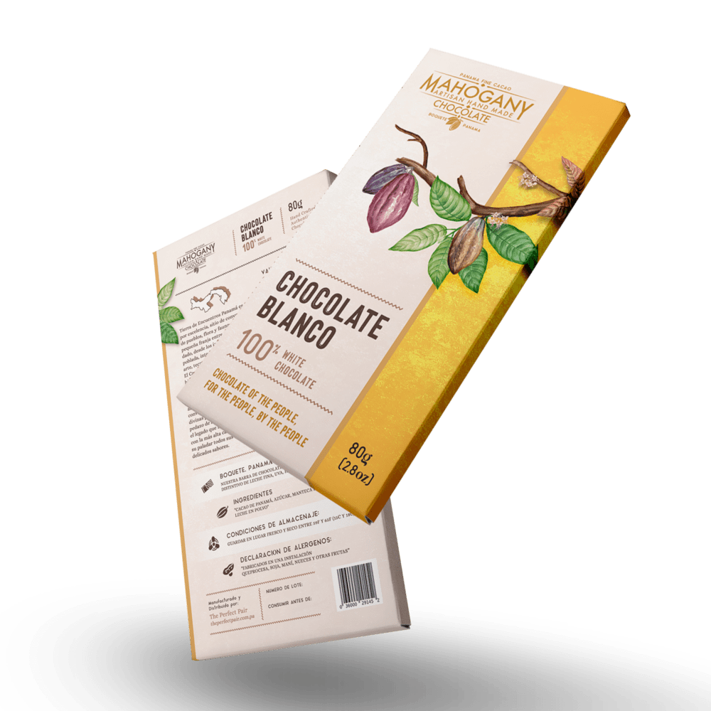 Front and back packaging of Mahogany Artisan Hand Made Chocolate Blanco 100% white chocolate bar, 80g