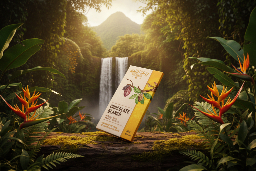Mahogany Chocolate Blanco 100% white chocolate bar standing in a lush Panamanian jungle with waterfall and tropical flowers