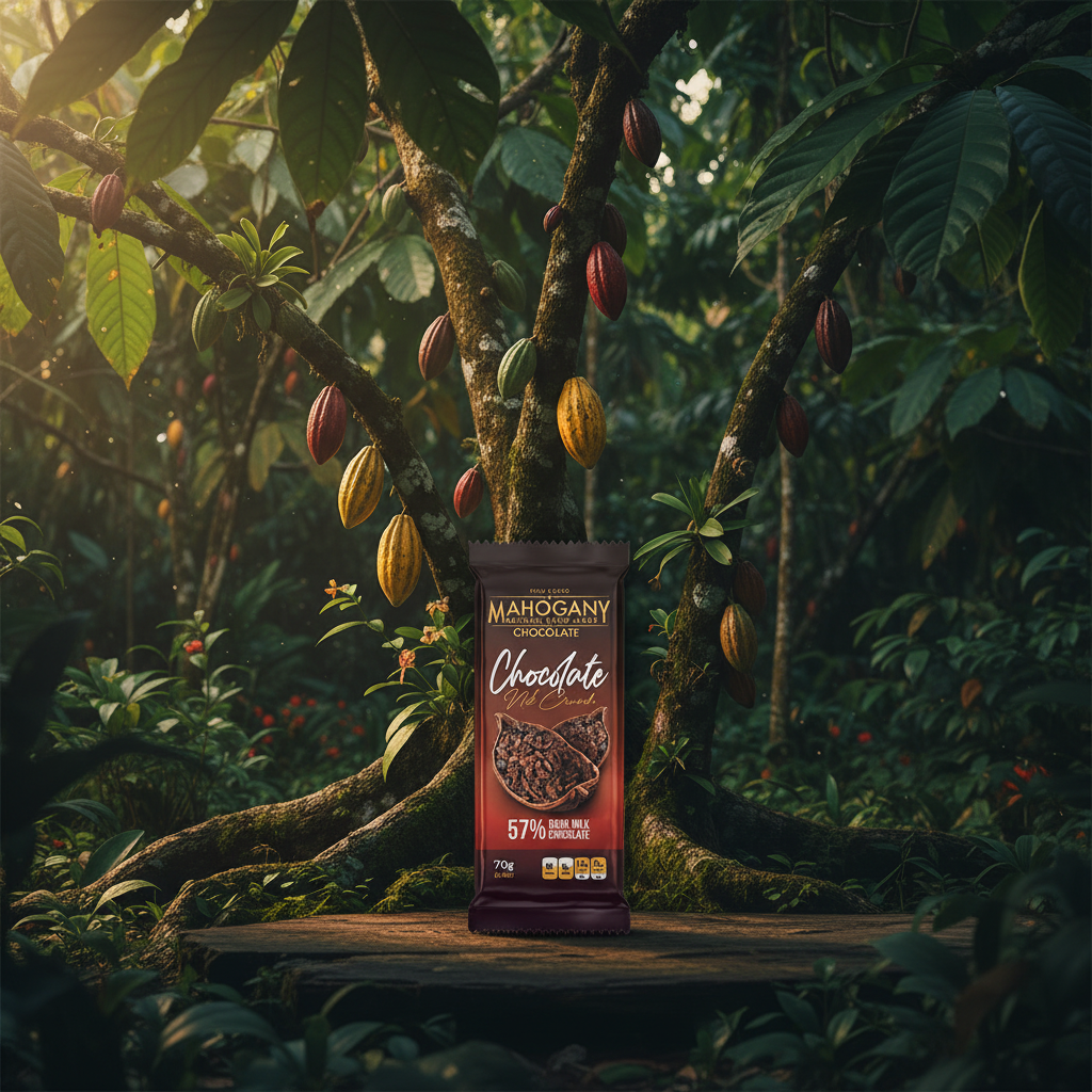 Mahogany 57% dark milk chocolate bar beneath a cacao tree