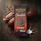 Mahogany dark milk chocolate bar surrounded by cacao pods, beans, and milk