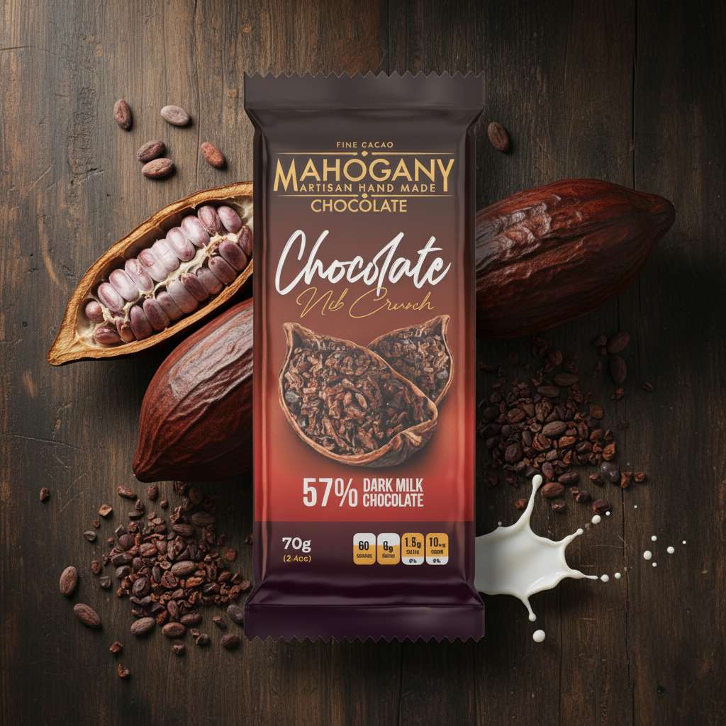 Mahogany dark milk chocolate bar surrounded by cacao pods, beans, and milk
