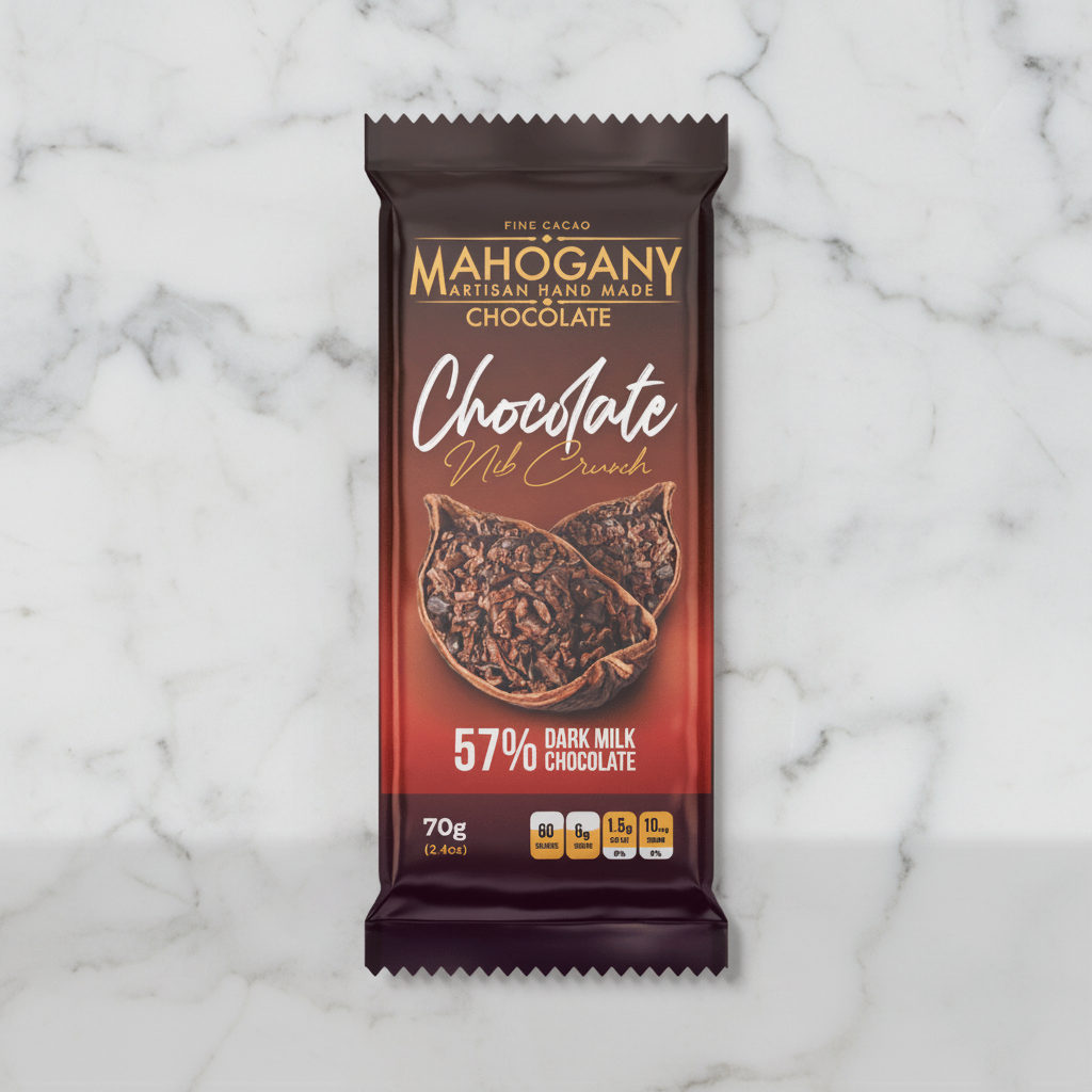 Mahogany 57% dark milk chocolate with cacao nibs bar on white marble