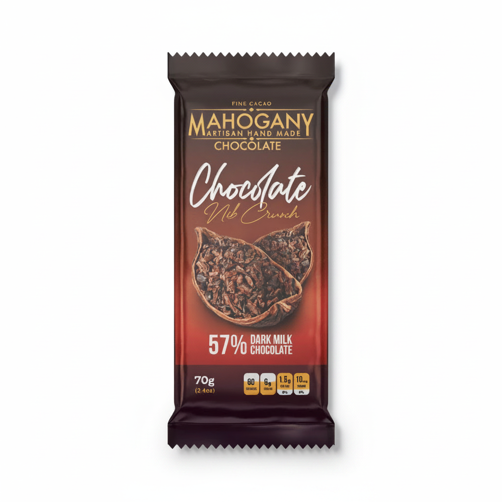 Mahogany 57% dark milk chocolate with cacao nibs bar on white background