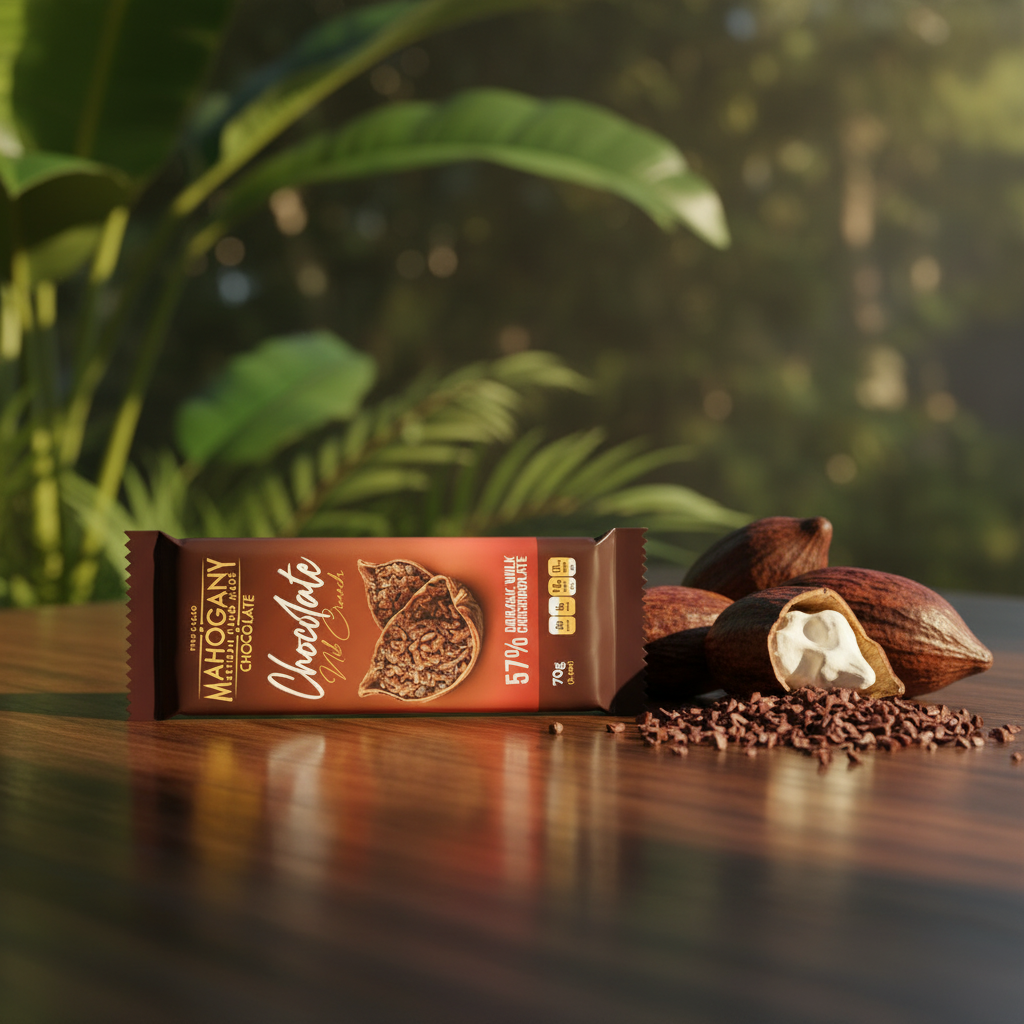Mahogany 57% dark milk chocolate bar with cacao pods and nibs in a tropical setting