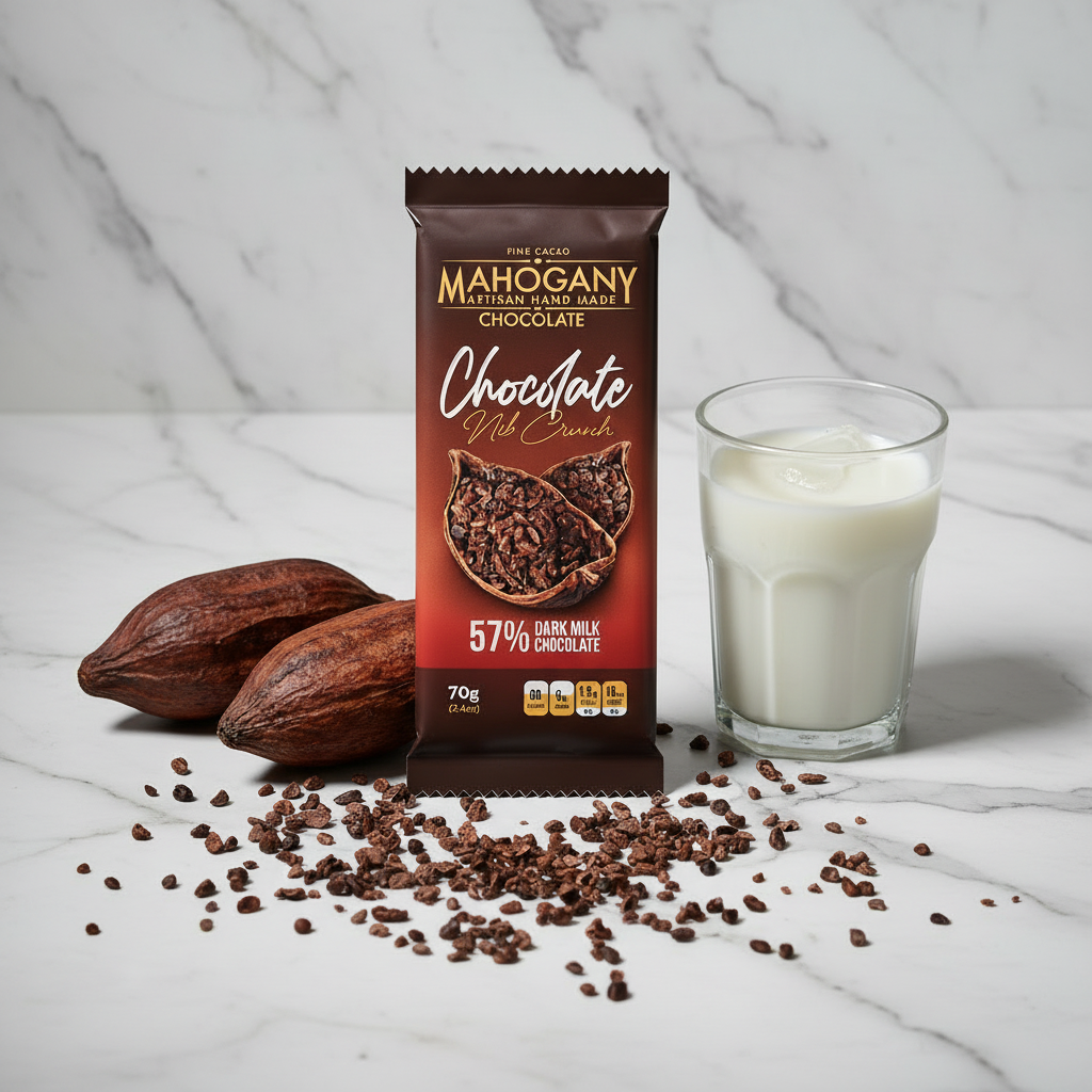 Mahogany 57% dark milk chocolate with cacao nibs on white marble