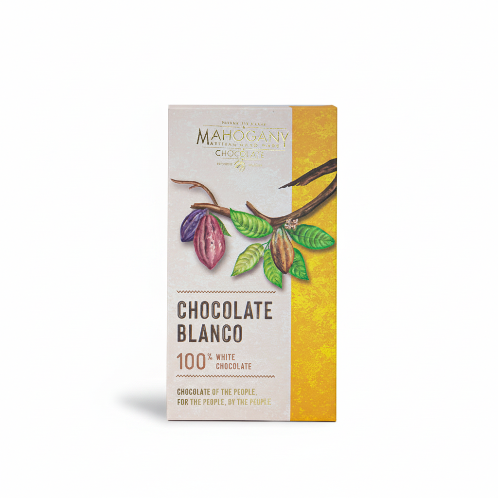 Mahogany Chocolate Blanco 100% white chocolate bar on clean white background, e-commerce product shot