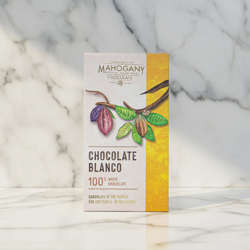 Mahogany Artisan Hand Made Chocolate Blanco 100% white chocolate bar upright against a white marble background