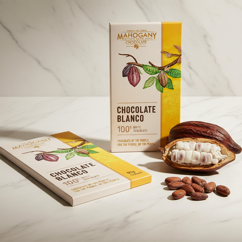 Mahogany Chocolate Blanco 100% white chocolate bar packaging with open cacao pod and beans on marble surface