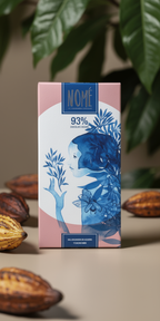 Nomé 93% Chocolate Oscuro bar packaging on dark background with raw cacao beans and tropical leaves, single-origin Panama, sea salt and cacao nibs