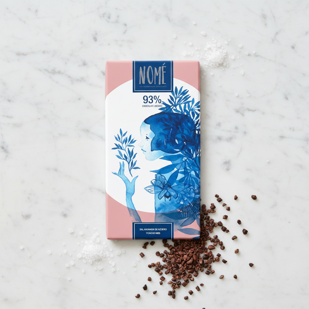 Nomé 93% Chocolate Oscuro bar with Sea Salt and Cacao Nibs on white marble, salmon pink packaging with blue botanical illustration, single-origin Panama, vegan, 70g